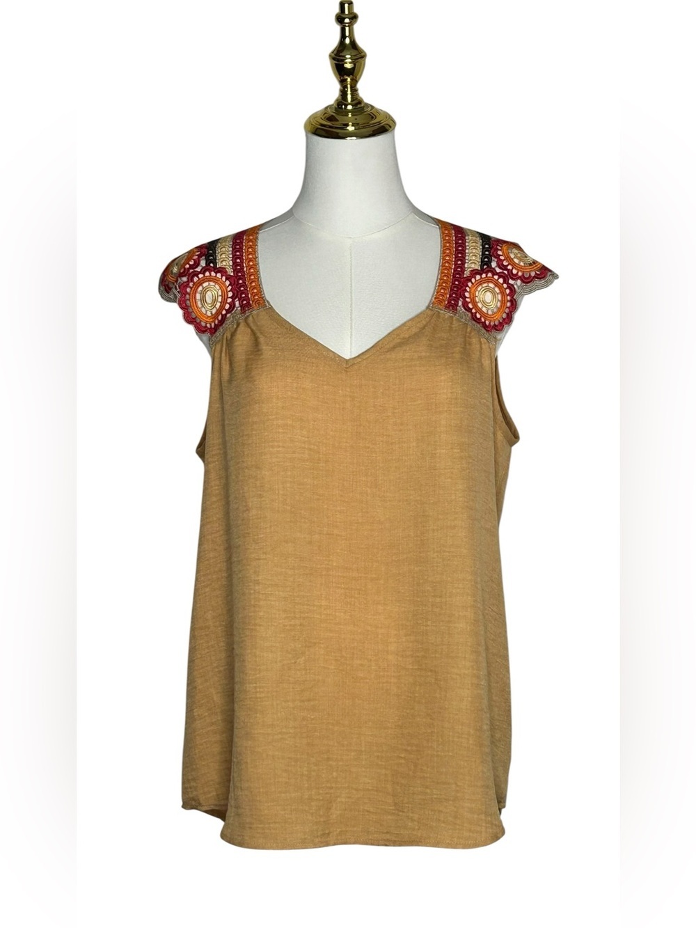 Hailey & Co Crochet Shoulder Top Mustard Tan EUC Sz M Boho Festival Artsy